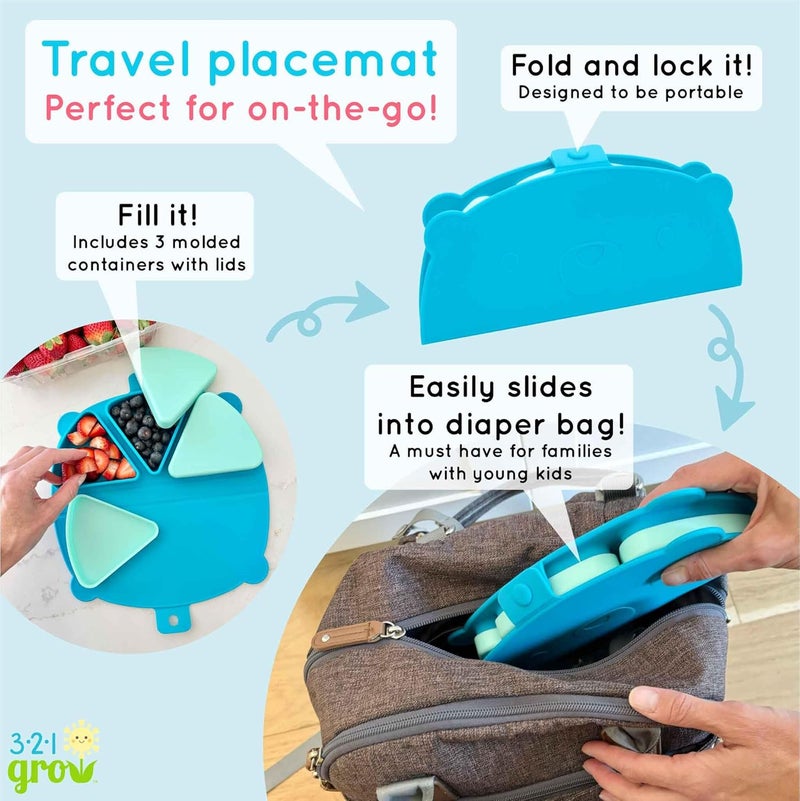 321 Grow Silicone On-The-Go Snack Mat – Foldable Reusable Placemat with 3 Compartments and Lids – Travel-Friendly Baby and Toddler Snack Plate – Dishwasher Safe (Ocean) - Image 2